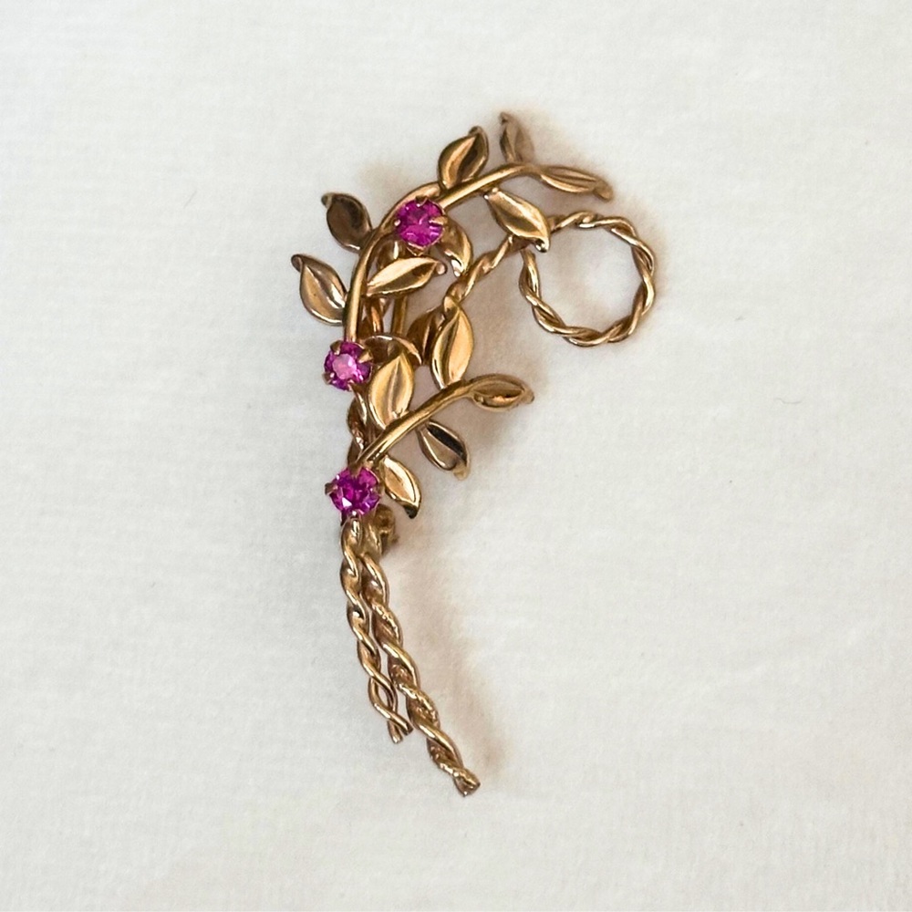 12k GF Natural Ruby Floral Brooch 1.5 inch Estate Vintage